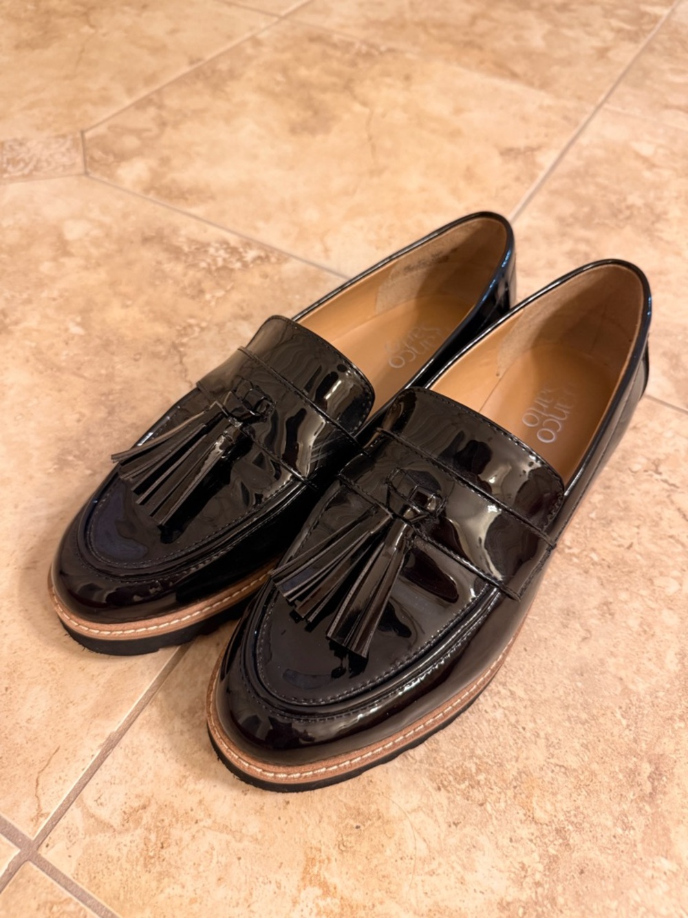 Franco Sarto Black Patent Tassel Loafers